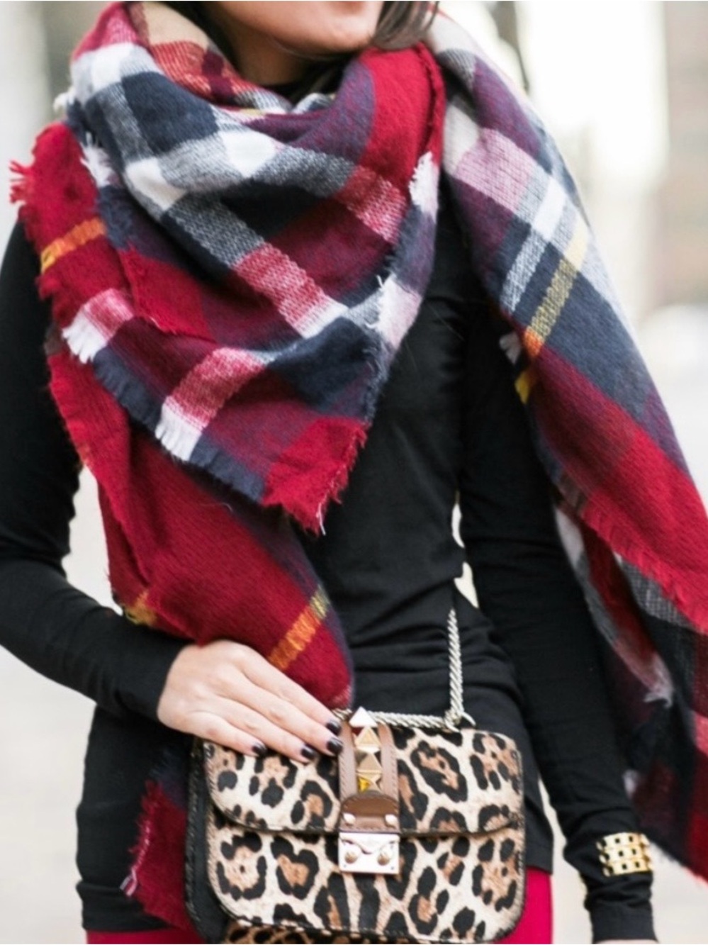 NWT ZARA Oversized Plaid Blanket Scarf Wrap Black Gray Red Tartan Scarf/Shawl